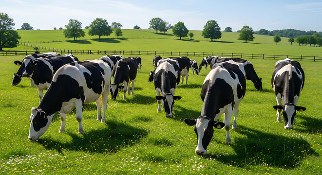 Herd of holstein cows grazing in a vibrant green pasture under sunlight