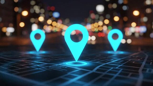Location pointers on map at night.