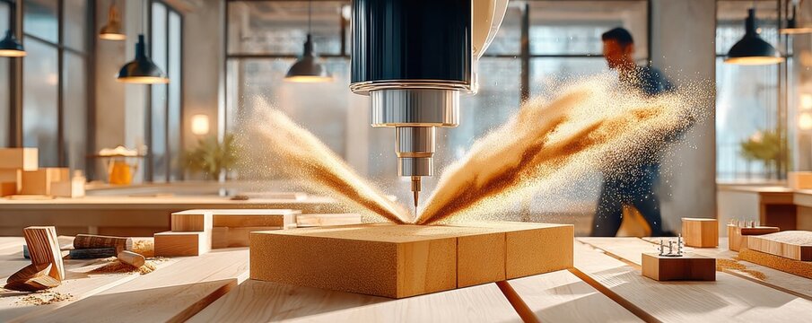 Industrial CNC machine milling wood panel in modern workshop with flying wood dust and tools