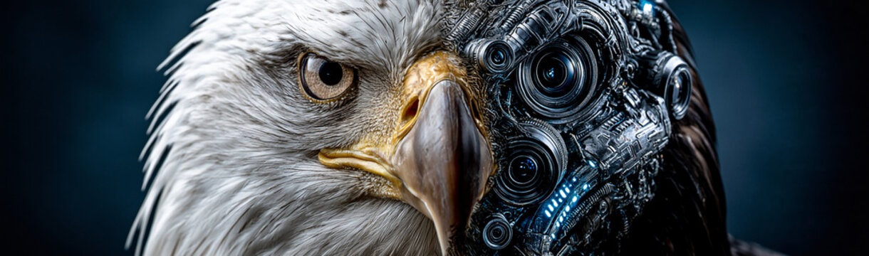 Cybernetic Eagle: A striking close-up portrait of an eagle's head, half organic with its natural feathered beauty and keen eye.