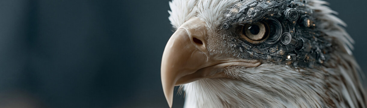 Majestic Eagle's Gaze: A close-up portrait of a bald eagle, its sharp eyes and hooked beak conveying power and focus. Dewdrops glisten on its feathered head.