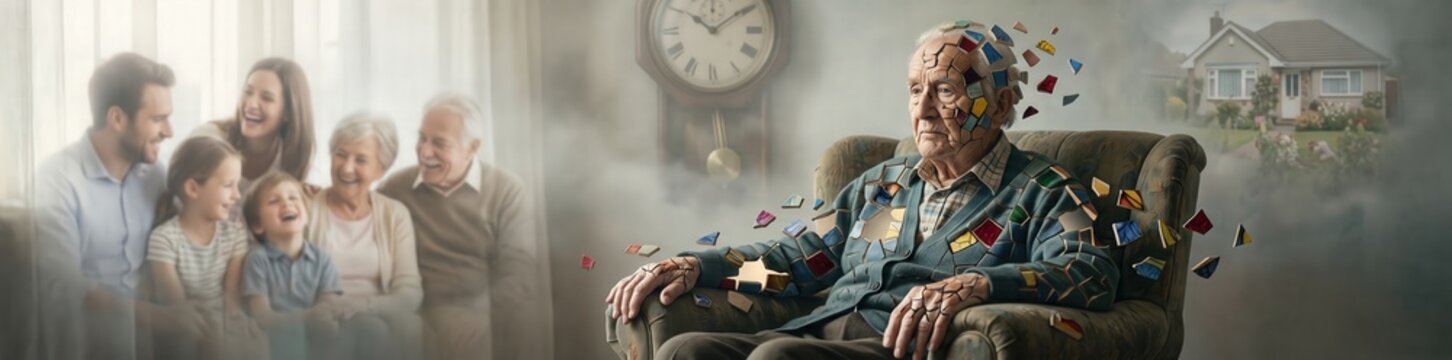 Elderly man experiencing memory loss and dementia, mind fragmenting into colorful pieces, family memories fading