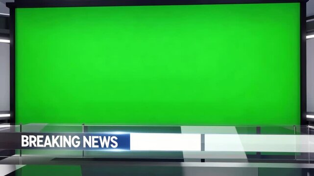Breaking news studio setup with a vibrant green screen backdrop and a sleek modern glass desk for professional television broadcast motion graphics and media production