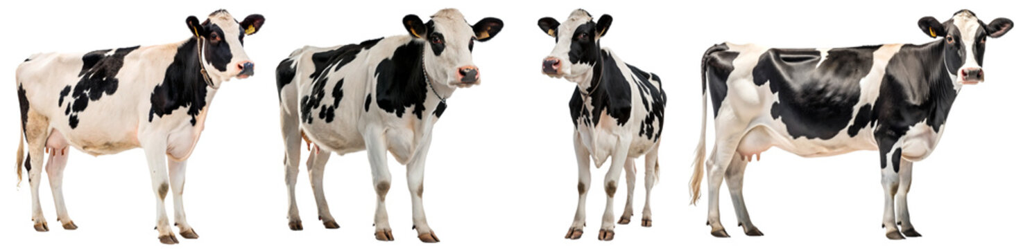 Healthy black and white dairy cows showcasing various angles, isolated on a transparent background for agricultural.