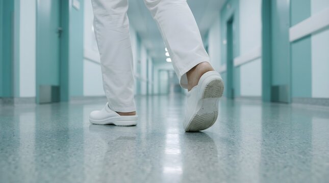 Close up view of healthcare professional legs walking in hospital corridor wearing white uniform and professional medical shoes in sterile clinic hallway