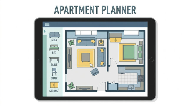 Digital apartment floor plan on a tablet screen.