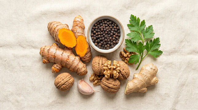 Textured linen fabric backdrop showcasing vibrant turmeric slices, spherical peppercorns, walnut ridges, and ginger root in a natural spice layout.