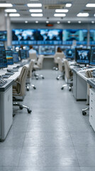 Fototapeta premium Control Room Command Center: Rows of computer workstations and large monitor screens display data and world maps in a modern control room, suggesting a hub of surveillance, operations.