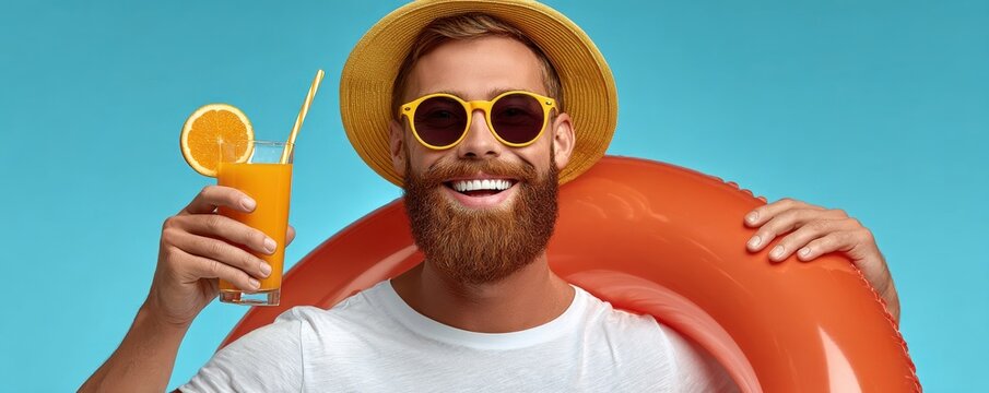 Smiling man in yellow hat and sunglasses holding orange juice with inflatable pool float