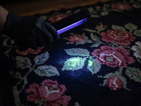 Moldovan Bessarabian kilim UV lamp inspection revealing hidden organic stains