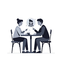 Fototapeta premium A person sitting at a cafe table interacting with a stylized holographic avatar of a friend sitting opposite them, cinematic lighting, elegant monochrome, minimalist flat vector artwork, clipart