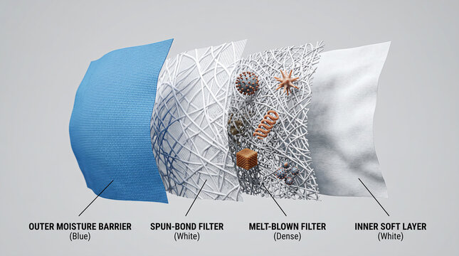 The intricate density of synthetic microfibers within a multi-layered filtration system capturing microscopic organic particulate matter.