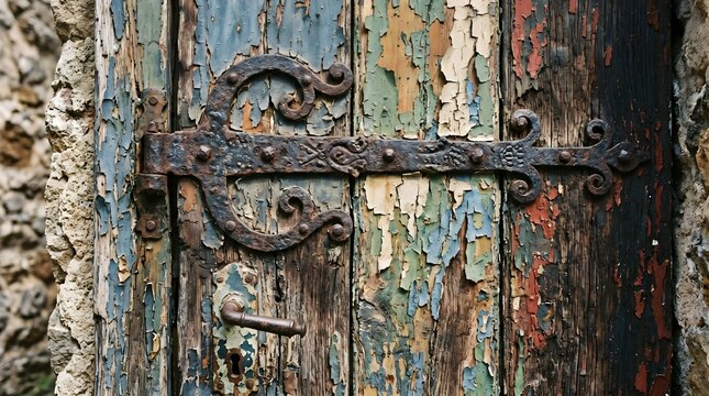Vintage wrought iron door hinge on weathered wood. Antique metal hardware on distressed wooden gate. Rustic architectural detail with peeling paint.