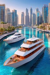 Obraz premium Luxury yachts moored in Dubai marina with modern skyline and turquoise water at sunset