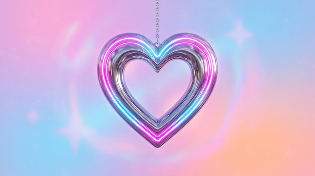 Vibrant Neon Heart Decoration with Glowing Aura in Dreamy Cosmic Gradient Background