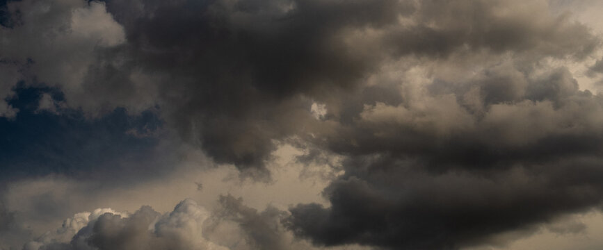 Banner Dark cloudscape storm disaster gloomy gray cloud sky. Dark thunderstorm clouds rainny atmosphere. Dark cloudscape storm cloud with copy space. Meteorology danger windstorm disasters
