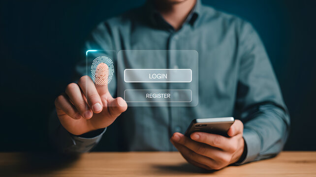 A man using a smartphone with a biometric fingerprint login interface on the screen