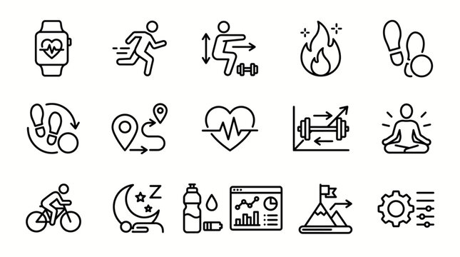 Fitness, health tracking, and sport training line icons set. Smartwatch tracker, running, calorie burn, heart rate pulse, route map pin, yoga meditation, cycling, and sleep monitoring vector symbols.