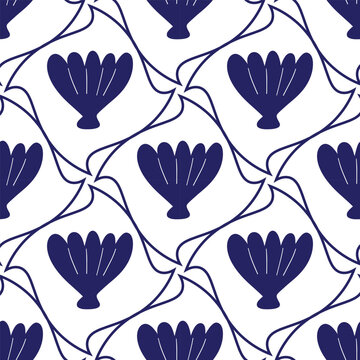 Hand-drawn summer seamless pattern. Seashell with a border on a white background.