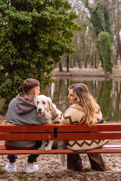 Smiling couple hugging golden retriever near Scandinavian forest cabin rental