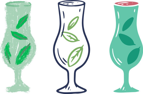 Vector design elements of an exotic mint mojito or tropical cocktail in curved hurricane glass, filled with fresh green leaves. Available in three commercial styles