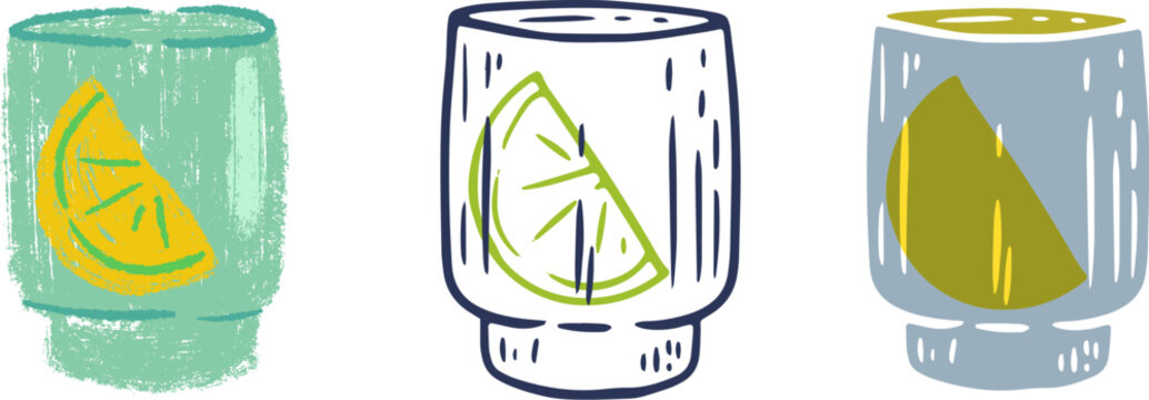 Vector set of an alcoholic drink, whiskey sour or caipirinha in lowball rocks glass, garnished with juicy lemon or lime wedge. 
