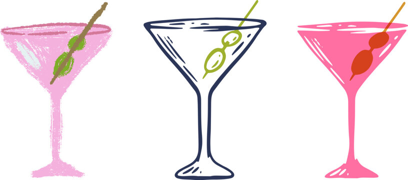 Elegant vector illustration of classic dry martini or cosmopolitan cocktail in traditional V-shaped martini glass, decorated with green olives on toothpick. 