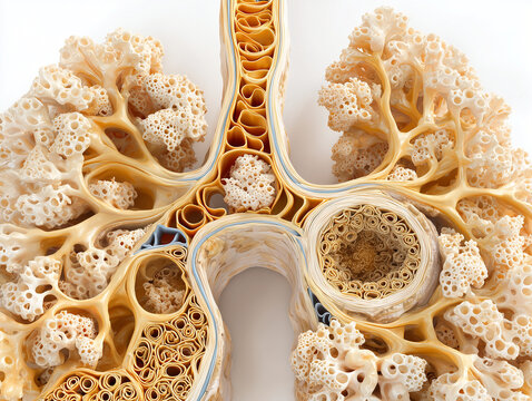 Human lung bronchial anatomy illustration showing pulmonary alveolar cluster architecture bronchiole branching and respiratory cellular organization in warm amber gold tones on white background