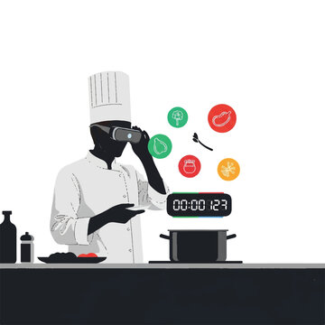 A modern chef in a minimalist kitchen using MR glasses to view floating ingredient icons and a digital countdown timer hovering over a cooking pot, sharp silhouettes, cinematic shadows,