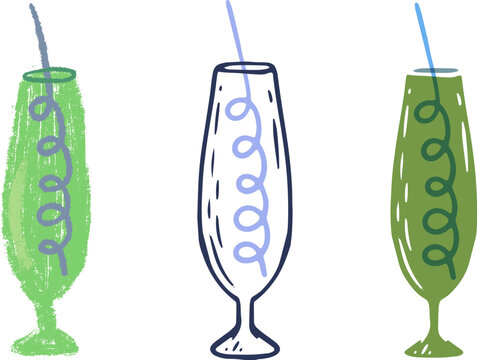 Tall curved glass with vibrant green tropical cocktail or smoothie and playful, curly spiral straw. Set of vector icons rendered in three popular commercial styles
