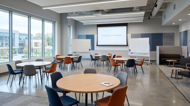 Modern corporate conference room with round tables, bright office interior for collaborative workshops, contemporary seminar space with projection screen