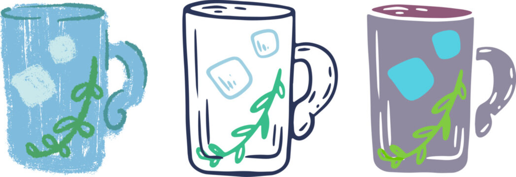 Vector illustrations of a refreshing cold drink, gin mule, or iced tea in glass mug with a handle, filled with ice cubes and green botanical branch. 