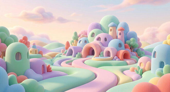 Whimsical 3D claymation fantasy village with cute pastel colored round houses and curved pathways under a soft sunset sky