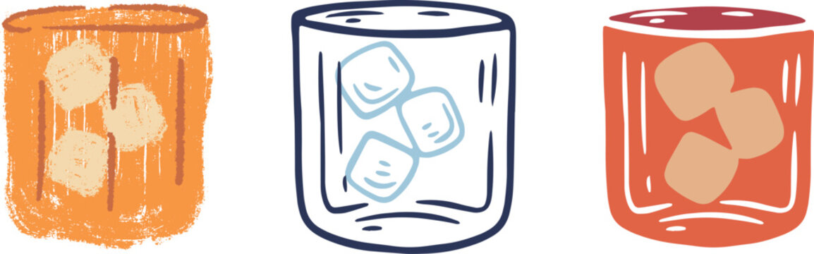 Set of vector graphics showing an alcoholic drink, whiskey, bourbon or rum on the rocks in classic old-fashioned glass with solid ice cubes. 