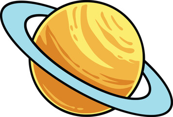 Hand-drawn orange ringed planet with textured shading and wide light blue orbiting rings, isolated on white, playful cartoon illustration for space, astronomy, science, and cosmic adventure themes © Galih