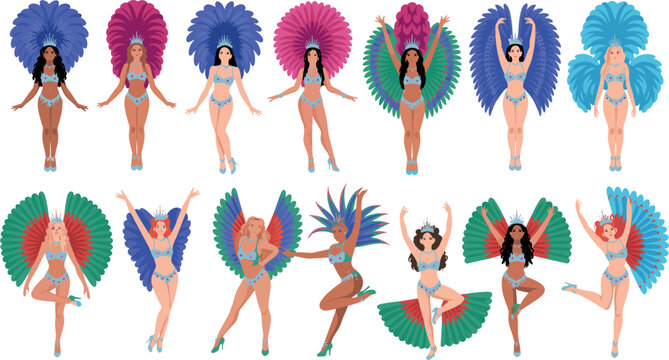 Beautiful Brazilian samba dancers in colorful feather carnival costumes set collection isolated on white background
