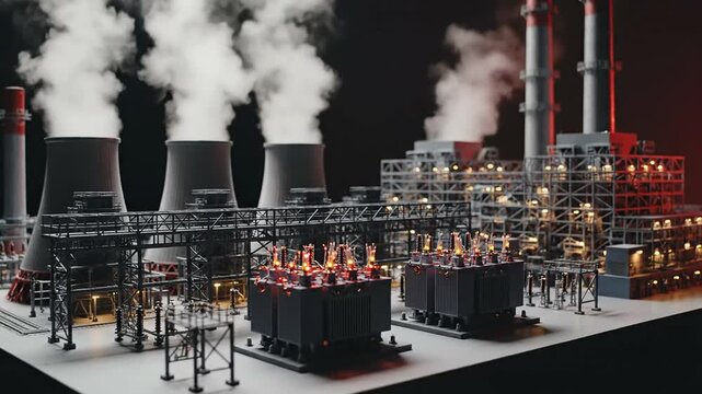 Nuclear Power Station model showcasing energy production and electricity generation. Industrial facility with cooling towers, transformers, and power grid infrastructure.
