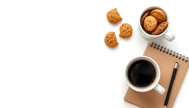 Coffee cup with cookies spiral notebook pen flat lay