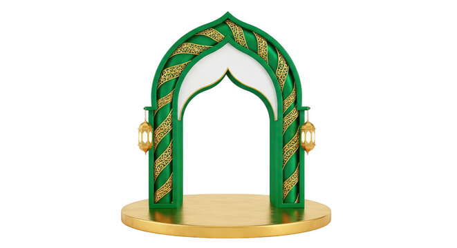 Decorative green and gold islamic arch gate for ramadan and eid celebration 3d illustration isolated on transparent background
