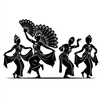 West Java traditional peacock dance silhouette vector, featuring elegant Sundanese Merak dancers holding fans isolated on white background.