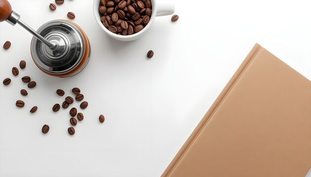 French press coffee maker with beans cup book flat lay