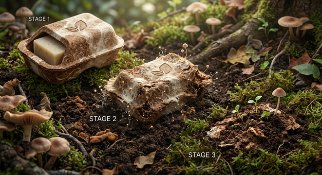 Infographic of a biodegradable mushroom mycelium packaging decomposing into the forest soil in three stages, sustainable zero waste eco concept