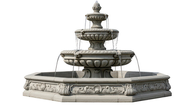 Decorative stone fountain with water spouts and intricate carvings isolated on transparent background