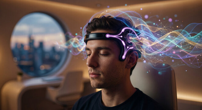 Young man using a futuristic brainwave headset to meditate, with glowing neon digital light waves floating around his head, BCI and sleep tech concept