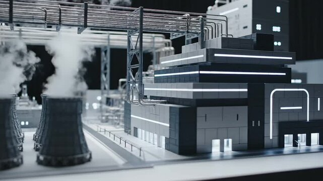 Nuclear power station model with cooling towers emitting steam, representing sustainable energy production and modern industrial infrastructure.