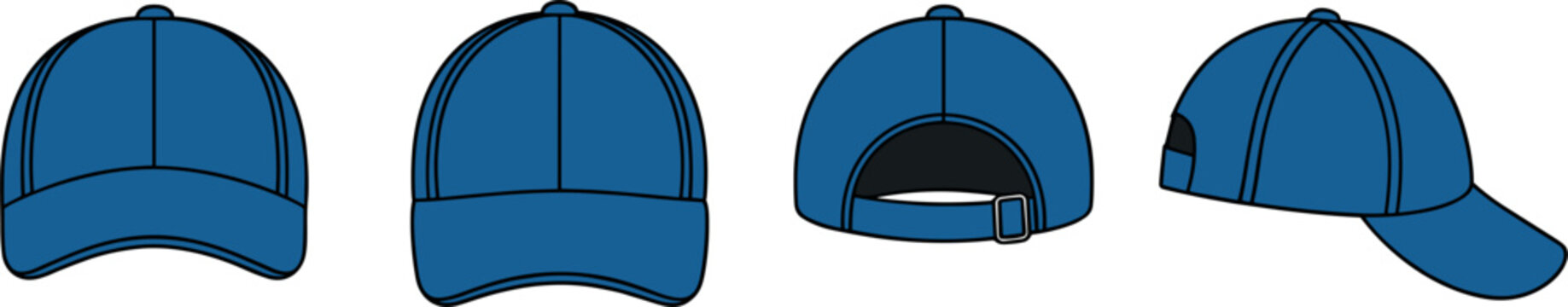 Blue baseball cap template mockup set collection with front back and side views vector illustration