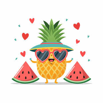 Cute Pineapple Character with Watermelon Slices and Hearts