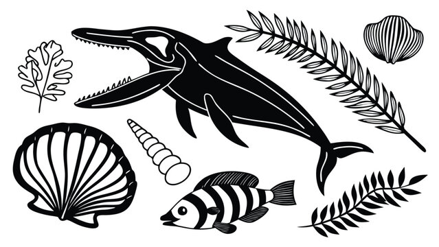 Vector illustration of marine life set with whale skeleton fish shells and seaweed foliage skeleton nautical