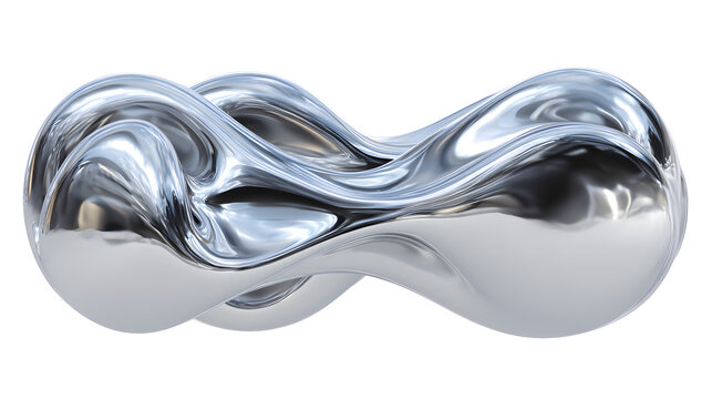 3d morphing liquid chrome fluid blob stretching and flowing in a smooth shiny metallic wave form on a white background