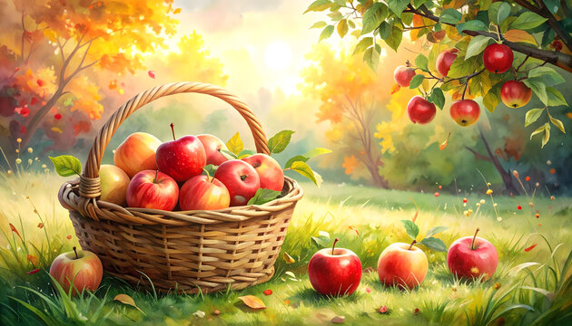 Apples resting inside a rustic wooden basket in a peaceful European countryside garden displaying a romantic warm autumn harvest atmosphere generative AI